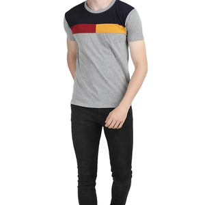 Camiseta de Manga Corta para Hombre, Color Gris, Cuello Redondo, Diseño de Bloques de Color en Contraste, Corte Ajustado, Estilo Casual, Tejido de Punto - Product Image 4