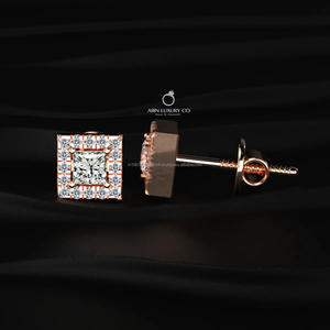 Boucles d'oreilles clous en diamant taille princesse cultivé en laboratoire, or rose 10K/14K/18K, halo carré, bijoux de luxe pour mariage pour femme - Product Image 4