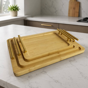 Bamboo Serving Tray with Metal Handle Eco-Friendly Wood Plate Dish for Coffee Tea Dessert <b>Breakfast</b> Parties-Polished Laser Logo - Product Image 2