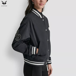 Newest Full Sleeve Turn Down Collar Autumn Wear Embroidered <b>Star</b> Patch Pocket Polyester Material Women's Black Varsity <b>Jackets</b> - Product Image 3