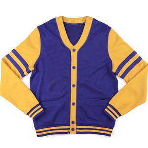 University <b>Mens</b> custom wholesale Knitted <b>Cardigan</b> Sweater Purple Gold White Varsity V-Neck OEM Striped Trim college style - Product Image 6