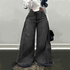 Pantalones vaqueros de mezclilla transpirables para mujer, estilo casual, de pierna ancha, corte regular, largos hasta el suelo, color azul, para el mercado estadounidense. - Product Image 3