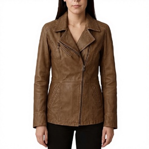Womens <b>Brown</b> Sheep Skin <b>Leather</b> <b>Jacket</b> Slim Fit Biker Style Asymmetrical Zipper ODM Stylish Winter Fashion Casual Outerwear Mod - Product Image 1