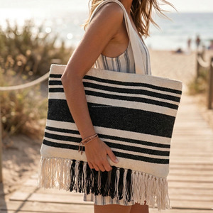 Bolsa de Moda de Algodón Tejida a Mano con Rayas, Reutilizable, Ecológica, para el Mercado, con Doble Asa, para Mujer - Product Image 5