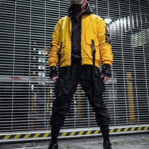 Yellow Winter Techwear Bomber <b>Jacket</b> Men Hooded Waterproof Corduroy Streetwear Tactical Windbreaker Hip Hop Cargo Straps Buckles - Product Image 4