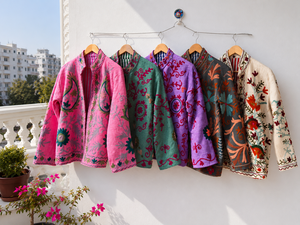 FABRICATEFIZZ Handmade Knitted Breathable Eco-Friendly Cotton <b>Velvet</b> Digital Printed Embroidered Floral Stripe Women's <b>Jacket</b> - Product Image 1