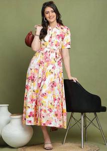 Vestido Midi de Algodón con Estampado Floral Blanco y Rosa para Mujer, Mangas Cortas, Corte Holgado, Casual, Verano - Product Image 2
