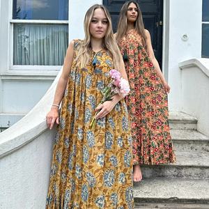 Robe longue élégante et confortable en pur coton imprimé bloc indien respirant été sans manches taille naturelle teint par cravate tissage vêtements de jour - Product Image 3