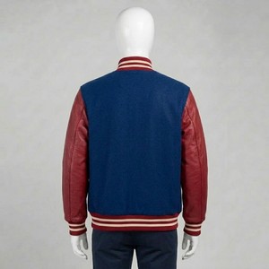 <b>Men's</b> Royal Blue Varsity <b>Jacket</b> With Burgundy Faux <b>Leather</b> Sleeves Ribbed Collar Snap Button Closure Casual Letterman Outerwear - Product Image 2