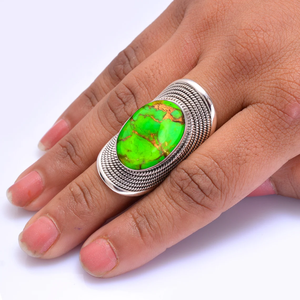 Green <b>Turquoise</b> Gemstone Vintage <b>Ring</b> 925 Silver Handmade Designer <b>Ring</b> For Her - Product Image 1