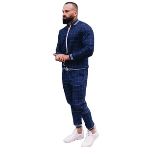 Factory Sale Men's Check Print Sublimated Bomber <b>Jacket</b> Track Suit Zip Enclosure Ribbed Hem & Cuffs Stripe Zipper Sweat Suit - Product Image 1