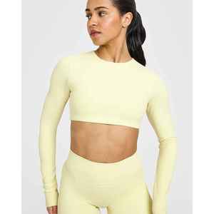 Women's Adults Light <b>Yellow</b> Seamless <b>Crop</b> <b>Top</b> Breathable Eco-Friendly Four-Way Stretch Spandex/Polyester Activewear for All - Product Image 1