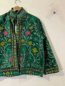 Vintage Green <b>Velvet</b> Embroidered Suzani <b>Jacket</b> with Floral Pattern Full Sleeve Stand Collar Bohemian <b>Women's</b> Autumn Outerwear - Product Image 3