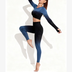 Conjunto de Yoga para Mujer, Diseño a Cuadros, Secado Rápido, Color Degradado, Leggings Largos, Top Corto con Cuello Redondo, Manga Larga, Cintura Alta, 2 Piezas - Product Image 3