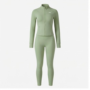 NA 2 Piece Yoga <b>Set</b> Full Length Zipper Front Solid <b>Green</b> Sweat Wicking <b>Gym</b> Wear Women's Sportswear - Product Image 1