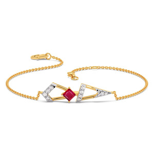 Geometric <b>Red</b> Stone Diamond <b>Bracelet</b> with Yellow Gold Chain and Arrow Frame Center Design - Product Image 2