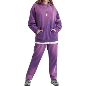 Survêtement pour homme violet foncé brodé, teint en masse, en molleton épais, avec sweat à capuche et pantalon de jogging large, coupe oversize, style streetwear personnalisé - Product Image 1