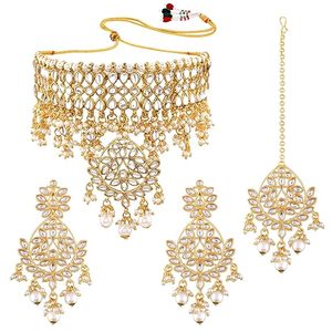 Ensemble collier et boucles d'oreilles en alliage de laiton plaqué or 14 carats avec perles d'imitation en cristal, bijoux ethniques pour femmes, design floral - Product Image 1