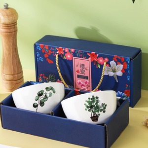 4-piece Ceramic Bowl set in giftbox handpainted green leaf plant desig dishwasher oven <b>microwave</b> <b>sterilizer</b> Safe durable BpaFree - Product Image 4