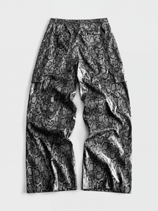 Snake Print <b>Leather</b> <b>Trousers</b> Lambskin Embossed Pattern Wide Leg Baggy Cut Side Pockets Glossy Grey and Burgundy - Product Image 2