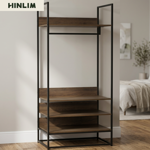 Armario Abierto de Diseño Industrial Moderno, Estructura Metálica, Tablero Laminado, 4 Estantes, Mueble de Almacenamiento Independiente para Dormitorio - Product Image 3