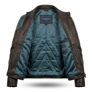 Chaqueta de Cuero Genuino Marrón Oscuro para Hombre, con Rayas Curvas Onduladas, Ribete Crema Azul Turquesa, Cuello Alto y Cierre de Cremallera, Estilo Motero - Product Image 5