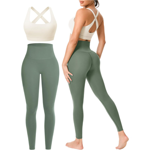Conjunto de Leggings de Yoga de Cintura Alta en Color Sólido con Sujetador Deportivo con Tirantes Cruzados, Ropa Deportiva de Dos Piezas sin Costuras de Longitud Completa - Product Image 1