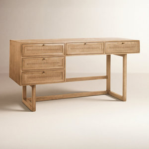 Bureau d'écriture en bois de manguier avec 5 tiroirs en rotin tressé, finition naturelle, table de bureau en bois, bureau d'étude moderne pour le mobilier de bureau à domicile - Product Image 1