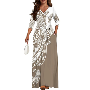 Vestido Maxi Personalizado de Verano para Mujer, Cuello en V, Cinturones, Diseño Tribal Polinesio, Manga 3/4, Bolsillo Lateral, Vestido Samoano - Product Image 1