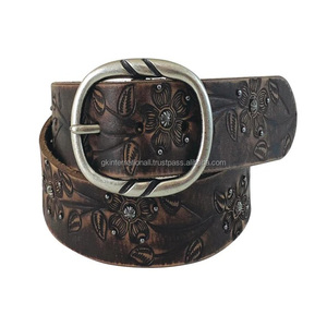 Nouvelle ceinture en cuir occidentale unisexe, design floral personnalisé, avec boucle ardillon ovale en laiton, ceinture en cuir repoussé - Product Image 2