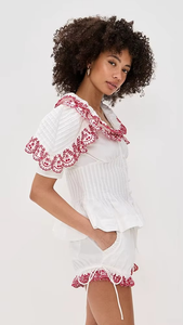 เสื้อครอปสั้นลำลองผ้าชีฟองปักลายดีไซน์เนอร์ล่าสุด ผ้าฝ้ายแท้ แต่งเชือกเก๋ไก๋ ลายปักเรียบหรู 2 ชิ้น - Product Image 3