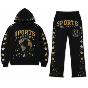 Ensemble de survêtement 2 pièces personnalisé pour homme, noir, or, argent, avec broderie étoile et globe, style universitaire, sweat à capuche et pantalon de survêtement orné de strass, fournisseur en gros - Product Image 2