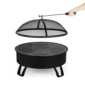 Brasero rond en acier pour bois avec écran anti-étincelles, pique à bois et grille interne pour terrasse extérieure - Product Image 2