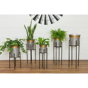 Modern Metal Planter Stand Set With Galvanized Corrugated <b>Pots</b> Durable Anti-Rust Iron Flower <b>Pot</b> <b>Holders</b> For Indoor Living Room - Product Image 1