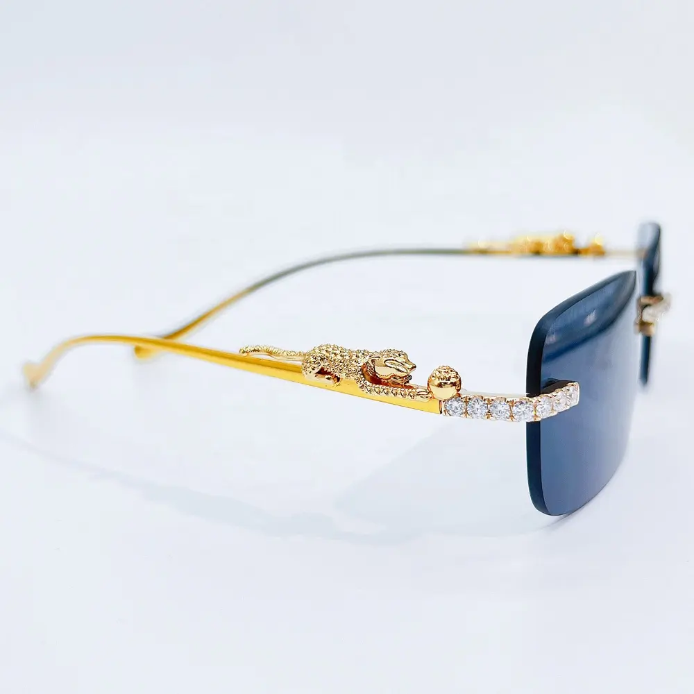 자연 다이아몬드 10k 골드 뜨거운 판매 개인 블링 선글라스 무테 금속 태양 고급스러운 스타일 안경 남성/여성/남여