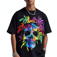 T-shirt noir surdimensionné personnalisé de qualité supérieure avec motif floral de crâne imprimé en sérigraphie, 100 % coton, respirant, séchage rapide, écologique