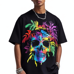 T-shirt noir surdimensionné personnalisé avec imprimé graphique floral de crâne, en coton doux, style streetwear hip-hop, mode masculine - Product Image 6