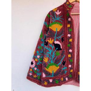 Indian Velvet Suzani Embroidery Cotton Knitted Button Reversible Winter <b>Women's</b> Boho Kimono Coat Gift Her - Product Image 3