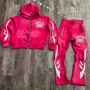 Conjunto de Sudadera y Pantalones Deportivos para Hombre con Efecto Desgastado, Lavado Ácido, Cremallera con Pedrería, Costuras en Contraste y Pantalones Acampanados - Product Image 1