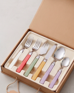 Ensemble de couverts en acier inoxydable avec poignée colorée et finition miroir, couteau, fourchette, cuillère, compatible lave-vaisselle, design minimaliste pour usage domestique - Product Image 6