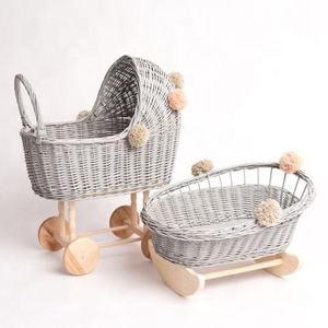 Bespoke Painted Grey Wicker <b>Doll</b> Cradle Rattan Toy Rocking Bed With Pom Poms Kids Room Styling <b>Accessory</b> - Product Image 3