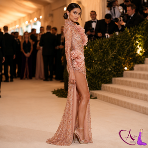 Luxury <b>Nude</b> Crystal Handmade <b>Mermaid</b> Silhouette Floor-Length Evening Gown | One-Shoulder High Slit Women's Wedding Reception - Product Image 4
