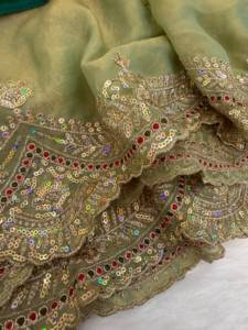 Designer Party Wear Multi Sequence And Thread Embroidery Work Moss Chiffon Saree Paired With Banglori <b>Silk</b> Embroidered Blouse - Product Image 6