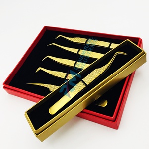 Stainless Steel Precision Eyelash Tweezers Set Gold Plasma Plated Tweezer Diamond Grip And Red/Black Color Card Box Packaging - Product Image 2