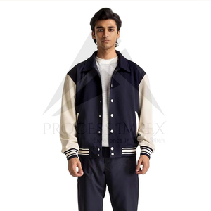 Blouson Bomber Homme Bleu Marine Décontracté à Fermeture Éclair Couleur Unie Col Rabattu en Polyester Coton Tricoté pour l'Automne - Product Image 1