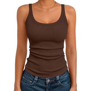 Women's Brown Ribbed Spaghetti Strap Tank <b>Top</b> Scoop Neck Casual Knitted Solid Color Cotton Spandex Blend Breathable 180g - Product Image 1