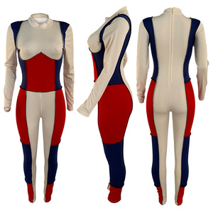 Combinaison moulante taille haute pour femme, color block, col roulé, sans manches, en Spandex et Nylon, longueur intégrale, effet push-up, tenue de club - Product Image 2