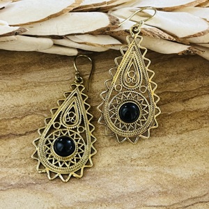 Statement Design Trendy Teardrop Dangle <b>Earrings</b> Boho Brass Jewelry Women Antique Brass Finish Tribal <b>Black</b> <b>Onyx</b> Wholesale/OEM - Product Image 4