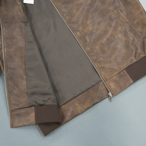 Blouson aviateur en cuir véritable marron pour homme, col rabattu, fermeture éclair, vêtement décontracté pour l'automne - Product Image 5