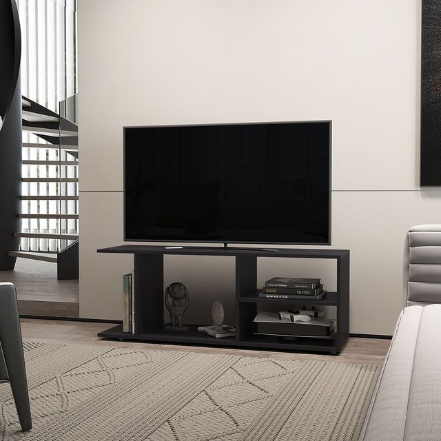 Open Storage Tubac TV Rack in Black Melamine Modern TV Stand